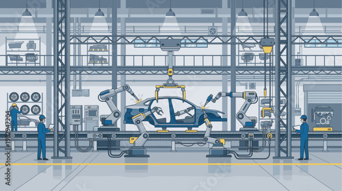 Modern car assembly line with robotic arms working on car chassis, and technicians overseeing the process in a clean, industrial factory setting.