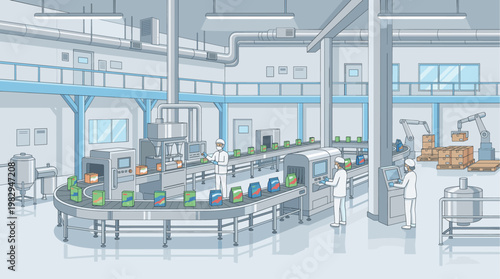A clean, modern factory interior showcases automated production lines with robotic arms and workers overseeing the process of packaging and moving goods.