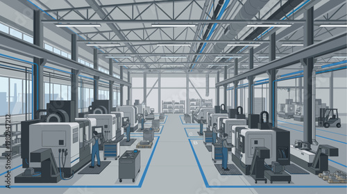 A wide shot of a modern factory interior, showcasing multiple CNC machines, workers in overalls performing tasks, and a forklift, conveying industrial production and efficiency.