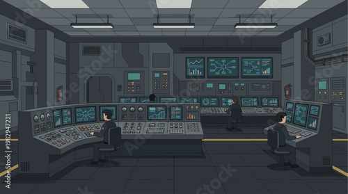 A modern control room with multiple screens displaying data and charts, where workers operate consoles in a high-tech environment.