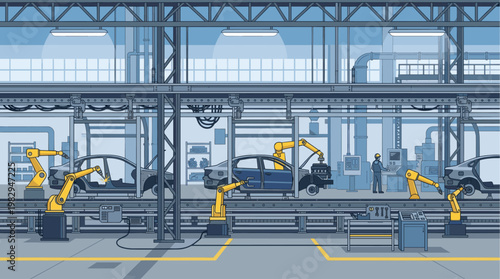 A futuristic car factory interior with robotic arms assembling vehicles on a conveyor belt, showcasing automation and industrial production.