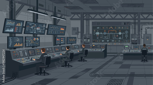 A dim control room with multiple screens displaying data, graphs, and schematics, where operators monitor the system.