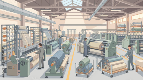Workers in a textile factory operate weaving and rolling machines, surrounded by spools of thread and rolls of fabric, depicting industrial production.