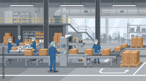 Workers in a modern factory wear masks and hairnets as they pack cardboard boxes on a conveyor belt system, with machines and shelves in the background.