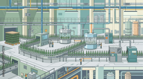 An industrial scene shows a bottle factory with conveyor belts filled with green bottles, workers, and automated machinery in a clean, modern setting.