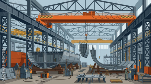 Workers operate cranes and welding equipment inside a vast industrial shipyard, assembling large metal ship sections with a focus on heavy manufacturing and engineering.