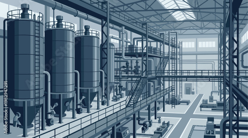 A vast, monochromatic interior of a modern factory with towering silos, complex piping systems, and a conveyor belt, suggesting heavy industry and production.