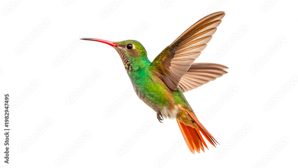 Fototapeta premium Colorful hummingbird flies near plants isolated on transparent background 