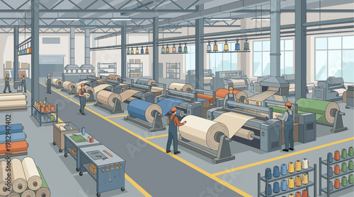 Workers in a clean, modern textile factory operate large machines, handling fabric rolls and spools of thread, illustrating industrial production.