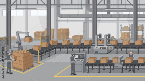 A busy factory interior with a conveyor belt system processing cardboard boxes, featuring a robot arm, sealing machine, and workers overseeing operations.