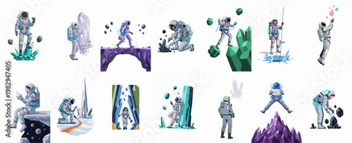 Set of stylized illustrations depicting astronauts exploring alien planets, discovering giant crystals, and conducting scientific research in outer space.