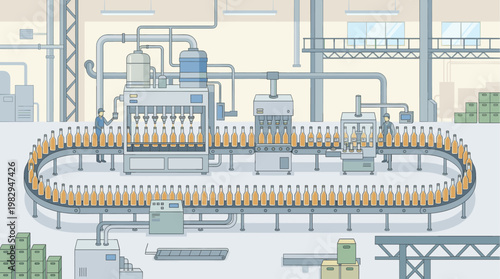 An illustrated factory setting showcases a busy beverage production line with bottles moving along a conveyor belt and a filling machine in operation.