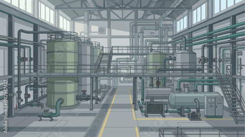 Interior of a large industrial plant with complex piping systems, large tanks, and control panels, showcasing manufacturing processes and engineering.