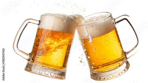Obraz na plátně Two beer mugs clinking together with foam and bubbles in a celebration moment is