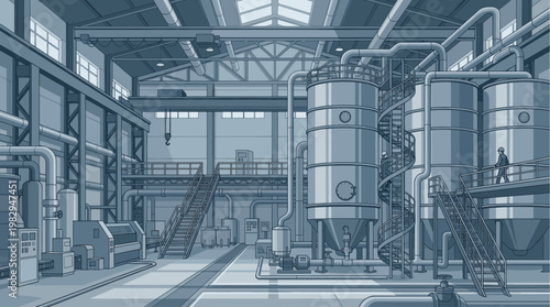 A detailed vector illustration of a modern factory interior, featuring large storage tanks, complex piping systems, and industrial machinery, conveying a sense of production and engineering.