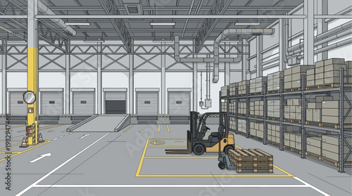 A stylized illustration of a modern warehouse interior featuring a yellow forklift near shelves of boxes, loading dock doors, and industrial infrastructure.