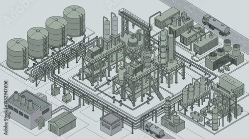 A detailed isometric illustration of a sprawling industrial chemical plant, featuring complex piping systems, storage tanks, processing units, and a road with a tanker truck.