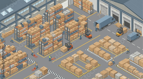 Isometric view of a busy warehouse filled with stacked boxes, shelves, workers, forklifts, and delivery vehicles, suggesting logistics and supply chain operations.
