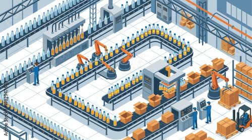 This isometric illustration shows an advanced automated factory with conveyor belts, robotic arms, and workers overseeing the filling, packing, and movement of beverage bottles.