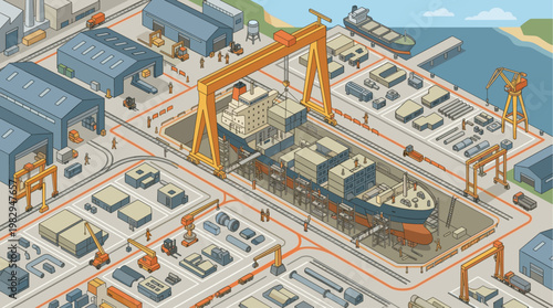 An isometric illustration depicts a busy shipyard with a large gantry crane assembling a ship, surrounded by workshops, trucks, and workers.