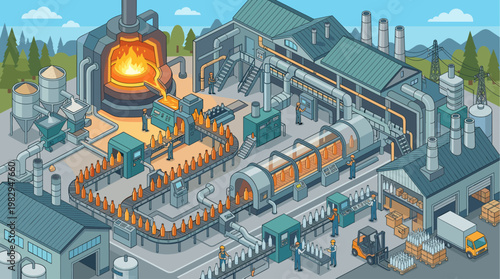 Isometric view of an automated factory producing glass bottles, from raw materials to finished goods and shipping, showing workers and machinery in action.