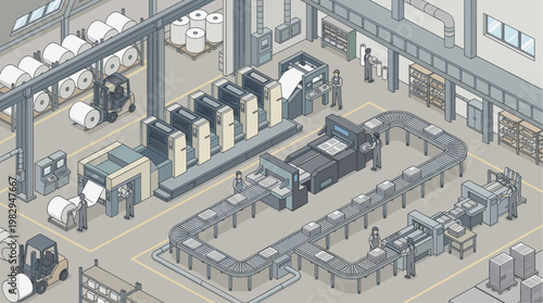 An isometric view of a busy printing factory with offset presses, conveyor belts carrying finished products, and workers overseeing the automated production process.