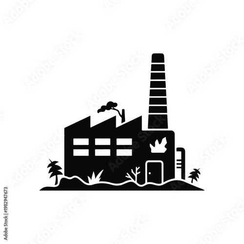 Factory Building with Chimney and Wildlife Surroundings