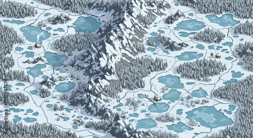 Fantasy winter map vector illustration, isometric snowy mountain landscape with frozen lakes and pine forests, hand drawn rpg world map background