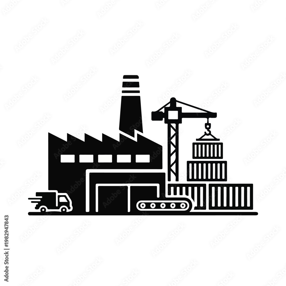 Fototapeta premium Factory and Construction Site with Crane and Shipping Containers