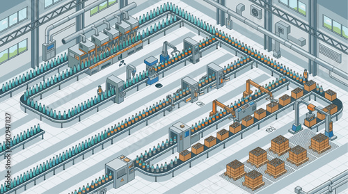 Isometric view of a busy beverage factory production line with robotic arms, automated machinery, and workers overseeing the bottling and packaging of drinks.