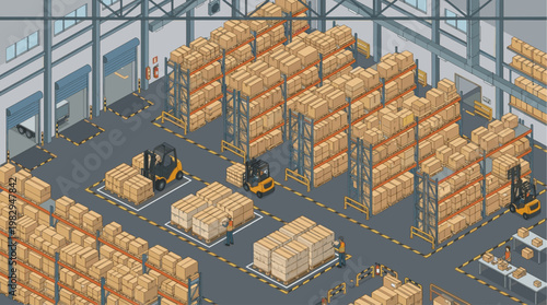 An isometric view of a busy warehouse interior, showcasing rows of stacked boxes on shelves, forklift trucks moving goods, and workers handling inventory, depicting efficient logistics.