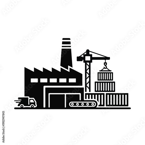Factory and Construction Site with Crane and Shipping Containers