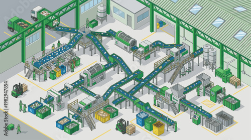 Isometric view of a busy recycling plant with automated conveyor belts processing various materials, workers sorting items, and trucks loading waste for eco-friendly disposal.