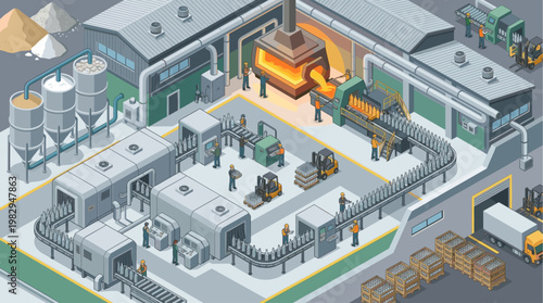 Isometric view of a busy factory floor with workers and machinery producing glass bottles from raw materials to finished products on a conveyor belt.