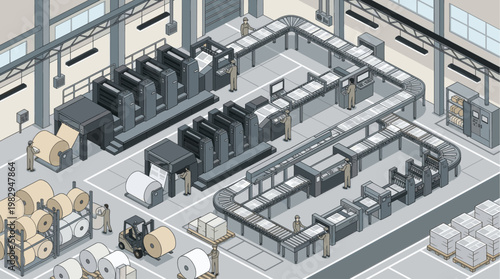 Isometric view of a busy printing press factory with workers operating large machines, conveyor belts, and stacks of paper rolls and printed materials, conveying industrial production.