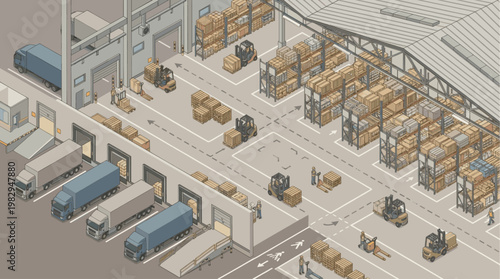 Isometric view of a busy warehouse loading dock with trucks, forklifts, and workers moving cargo, illustrating logistics and supply chain operations.
