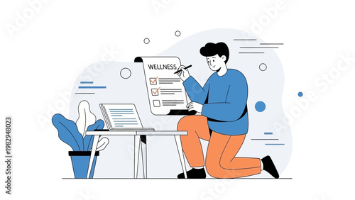 Man checking wellness checklist on paper with laptop, healthy lifestyle concept