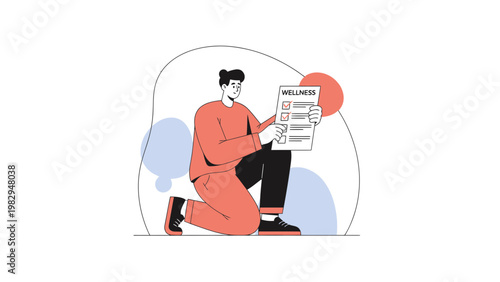 Man checking wellness checklist, healthy lifestyle concept, flat illustration