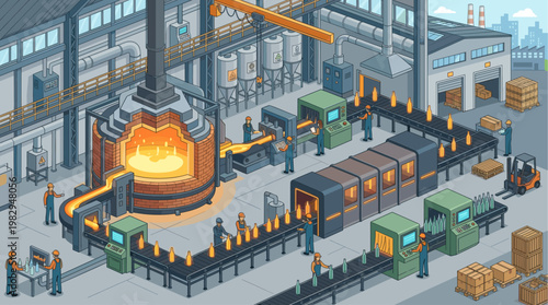 Isometric view of a modern glass bottle factory with workers operating machinery and conveyor belts to produce bottles from molten glass, showcasing industrial production.