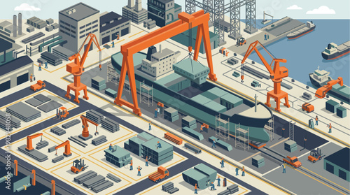 An isometric view of a busy shipyard with large cargo ships being built and loaded by cranes and workers under a cloudy sky.