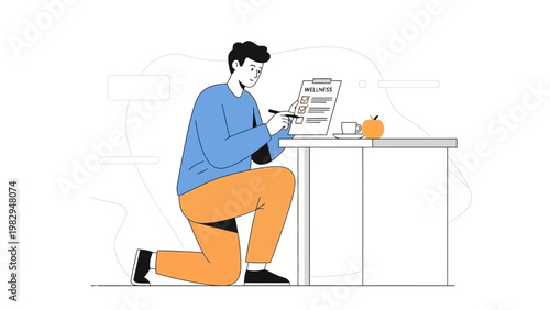 Man filling out wellness checklist on clipboard, healthy lifestyle concept