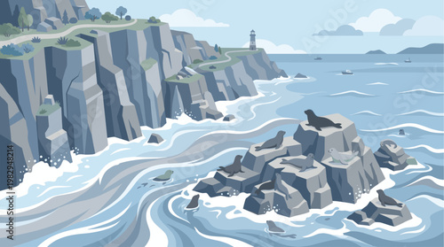 This flat illustration shows a scenic coastal landscape with seals lounging on rocks near a lighthouse and boats on the ocean.