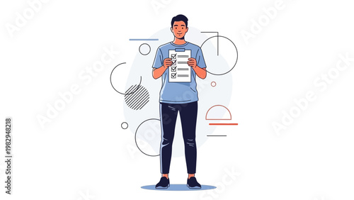 Man holding checklist with checkmarks, modern abstract background