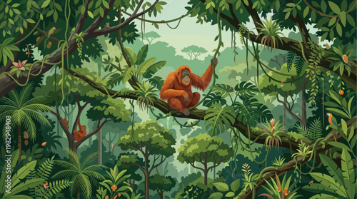A vibrant, stylized illustration captures a lush jungle habitat with an orangutan mother and baby swinging from vines, surrounded by exotic plants and colorful birds.