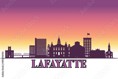 Global city Lafayette, Louisiana shown in a detailed vector skyline with a twilight sky