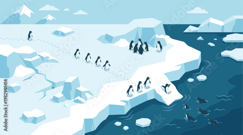 A charming, isometric illustration shows a group of penguins waddling in a line across icy terrain, while others swim in the cool blue ocean waters.