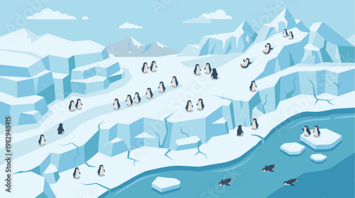 A charming illustration of a bustling penguin colony spread across an icy terrain, complete with snow-capped mountains, fractured ice floes, and the vast blue sea.