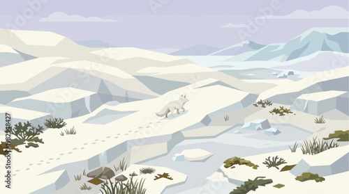 A minimalist illustration of a white arctic fox walking through a snow-covered landscape with mountains in the background and footprints in the snow.