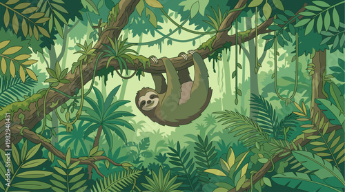 A cartoon sloth with a friendly smile hangs leisurely from a thick branch in a vibrant, lush jungle, surrounded by abundant green foliage and vines.
