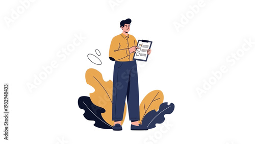 Man holding checklist, presenting results, business concept, flat design